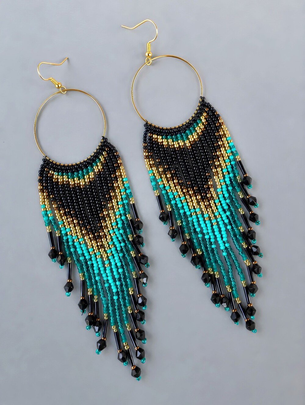 Ocean Western Geo Boho Fringe Seed Beads Earrings Handmade Beaded Jewelry